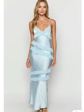 Beginning Boutique Inara Blue Ruffle Maxi Dress Slip Maxi Prom Dress NWT Size 6